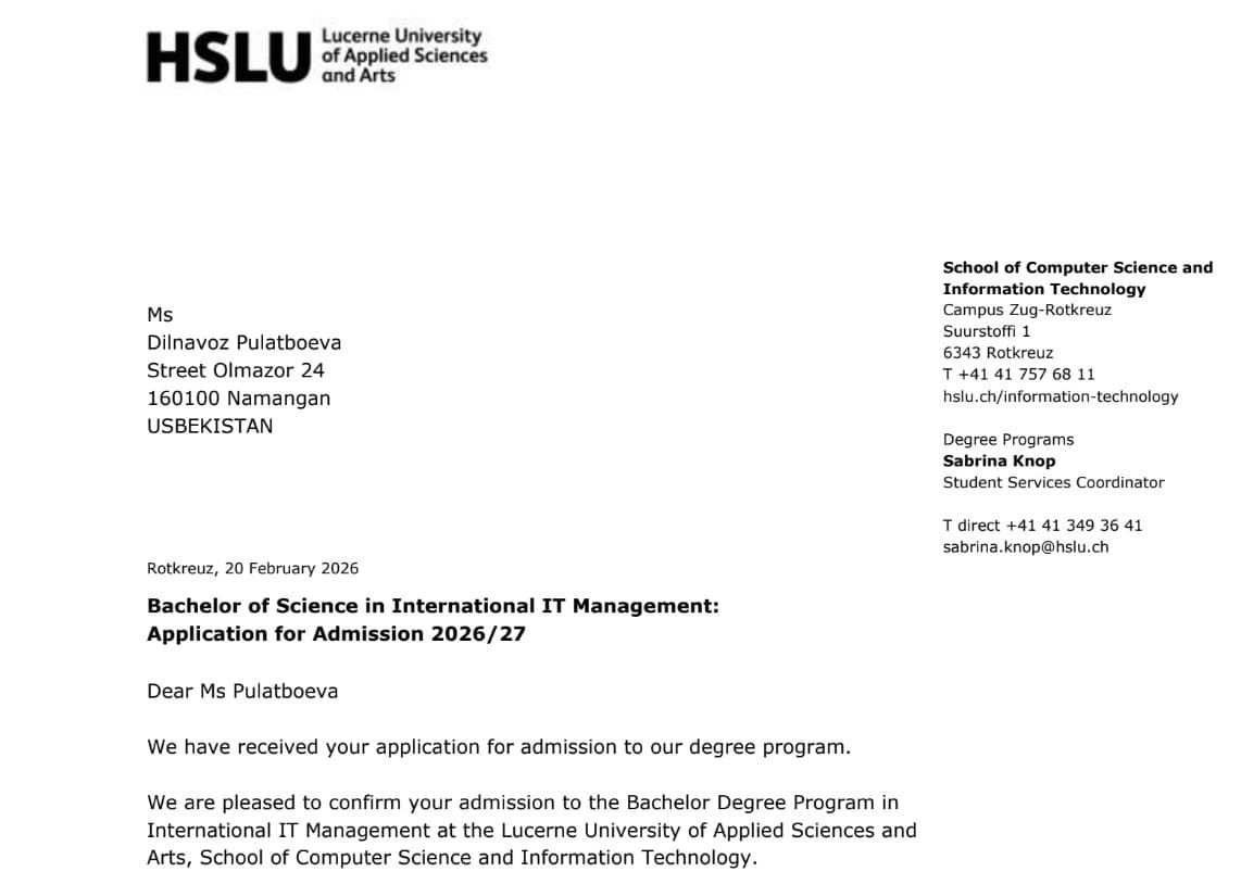 HSLU (Lucerne University of Applied Sciences and Arts) qabul xati