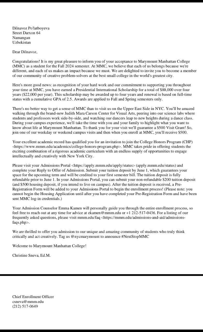 Marymount Manhattan College qabul va grant xati